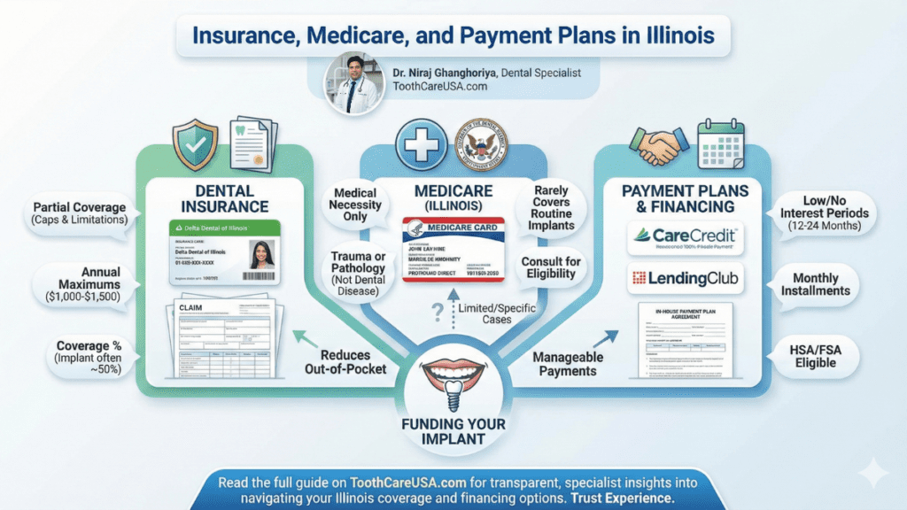 Dental Implant Cost Chicago: The 2026 Price Guide & Hidden Fees S1A5 5 Flowchart explaining dental insurance annual maximums, Medicare limitations for implants in Illinois, and financing options like CareCredit and LendingClub.