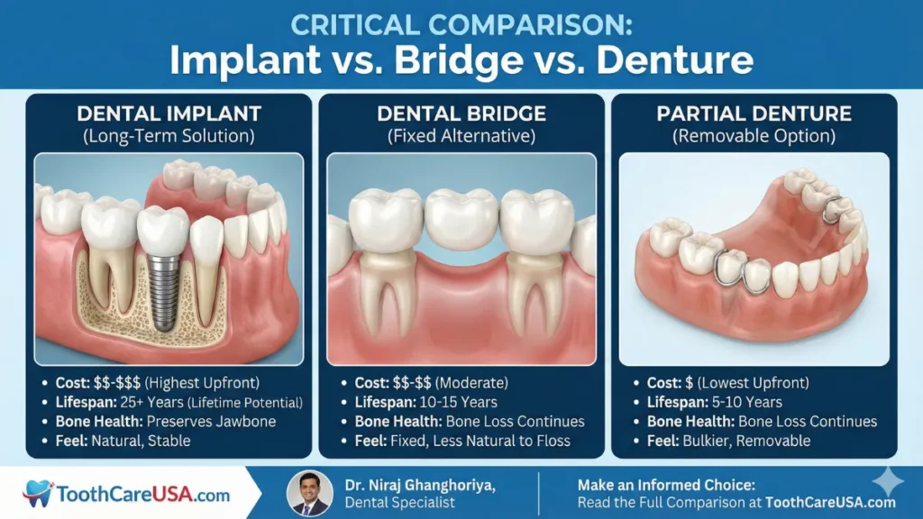 Visual representations of a fixed dental bridge and a removable partial denture, labeled as cost-effective non-surgical alternatives for missing teeth.