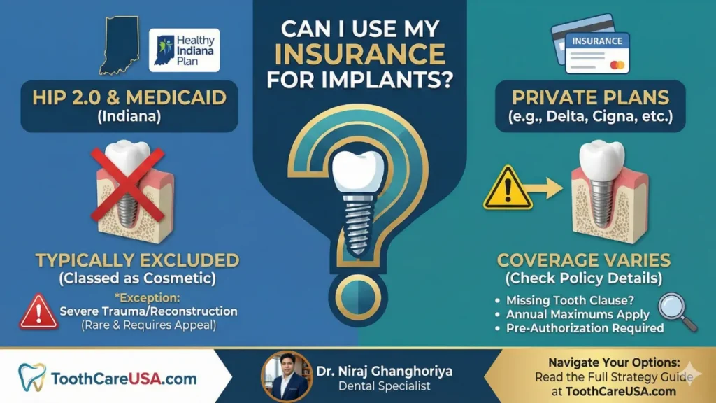 A comparison chart showing that Healthy Indiana Plan (HIP) and Medicaid typically exclude implants as "cosmetic," while private insurance may offer partial coverage subject to annual maximums.