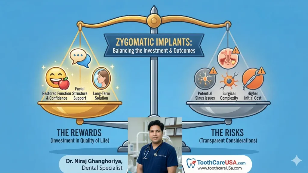 A balance scale weighing the high initial cost of zygomatic dental implants against the long-term rewards of restored bite force, facial structure support, and immediate quality of life.