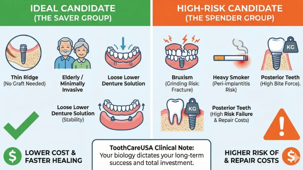 A patient selection guide contrasting "Ideal Candidates" (Elderly, Loose Lower Dentures) with "High Risk" groups (Bruxism, Smokers), alongside a dental insurance policy highlighting code D6013 exclusions.