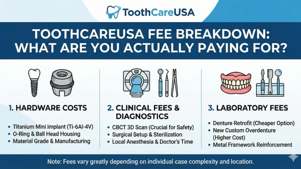 An infographic breaking down the total price of mini dental implants into three categories: Hardware Costs (Titanium Alloy Ti-6Al-4V), Clinical Fees (CBCT scans and surgical setup), and Laboratory Fees (denture retrofit vs. new custom overdenture).
