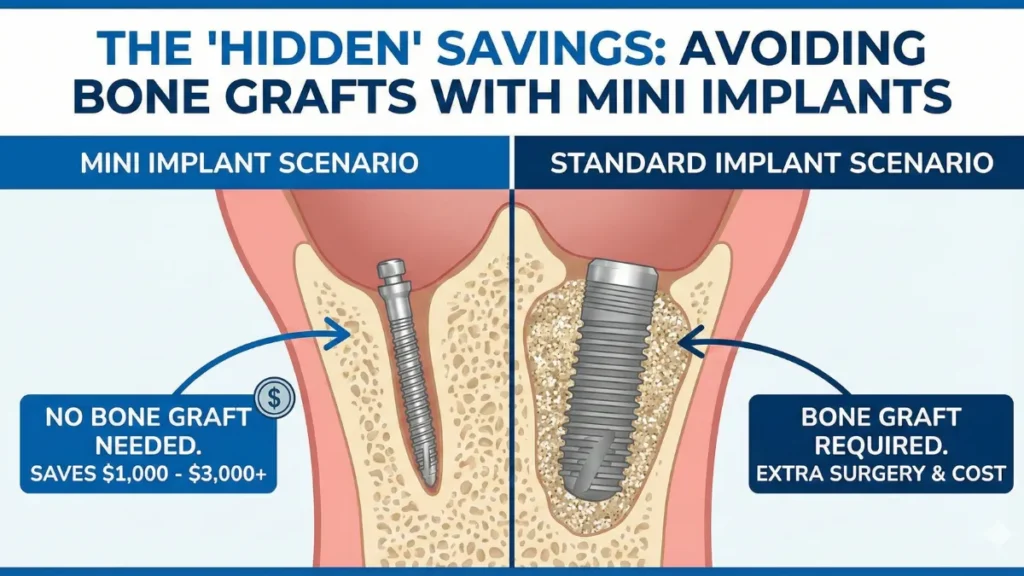 Cross-section diagram of an atrophic alveolar ridge showing a mini implant placed directly into thin bone, contrasted with a standard implant site requiring expensive bone augmentation material to achieve stability.