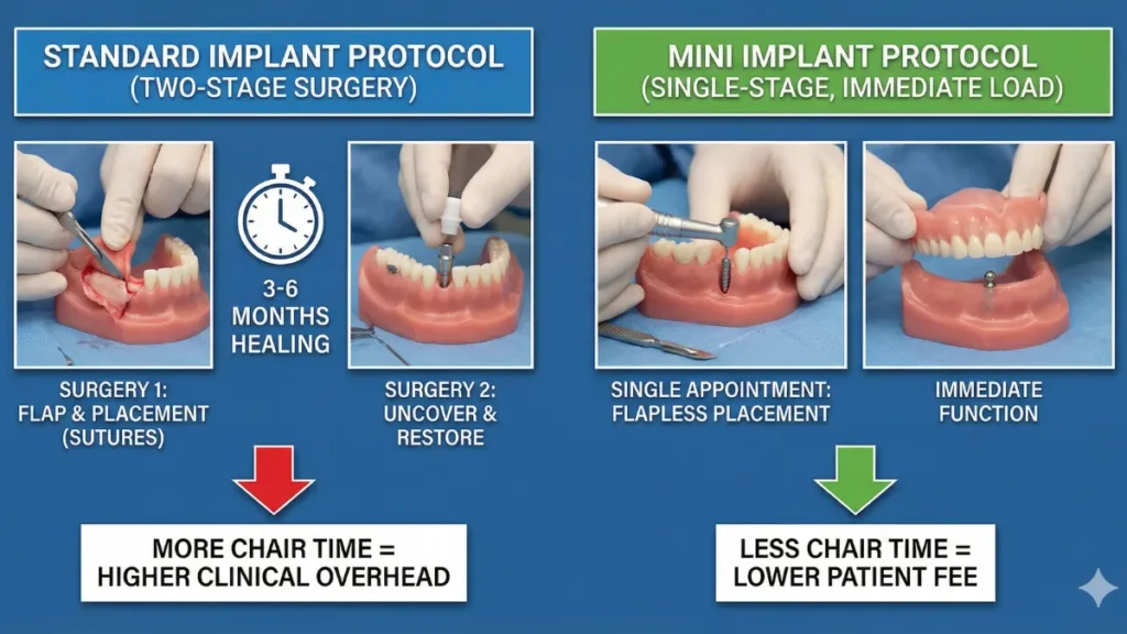 A comparative medical diagram illustrating the difference between standard implant surgery (requiring gum flaps, sutures, and 3-6 months healing) versus the mini implant protocol (featuring flapless placement and immediate denture loading), visually explaining how reduced chair time lowers the total patient fee.