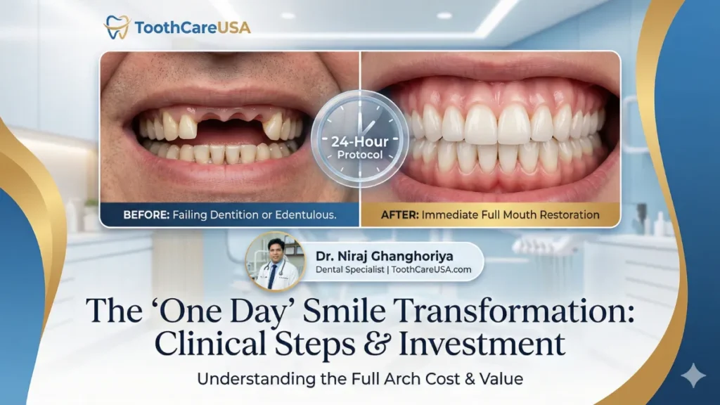 Split-screen comparison showing a patient's edentulous ridge with failing dentition versus the immediate load full arch restoration, featuring Dr. Niraj Ghanghoriya's profile for medical authority.