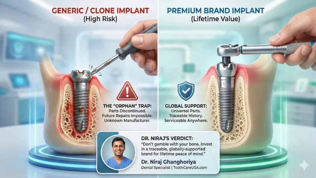 A diagram showing a stripped screw in a generic "orphan" implant that cannot be repaired, contrasted with a serviceable premium brand, affecting long-term dental implant cost.