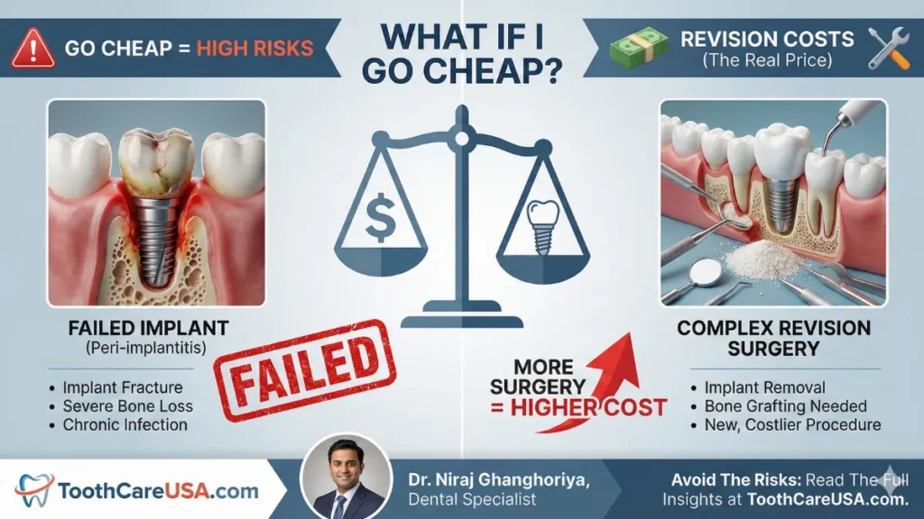 A split-screen comparison showing a healthy implant versus a failed implant suffering from peri-implantitis and bone loss, illustrating the financial risk of discount surgery.