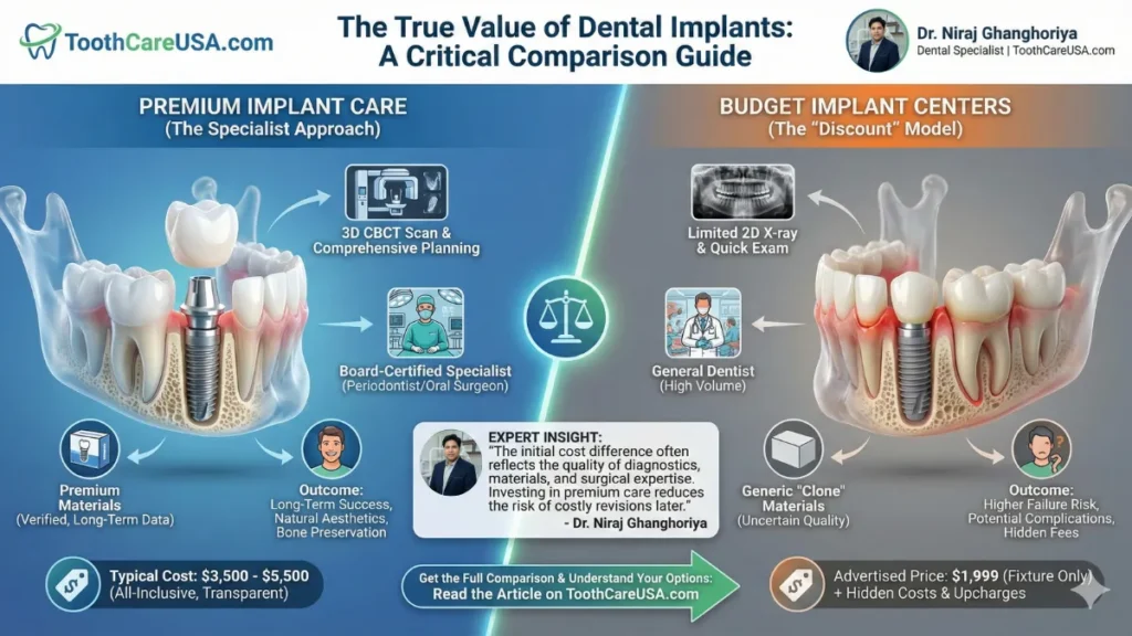A critical comparison table contrasting Premium Implant Care (Specialist, 3D Planning, Long-term success) against Budget Implant Centers (Generic materials, high failure risk, peri-implantitis).
