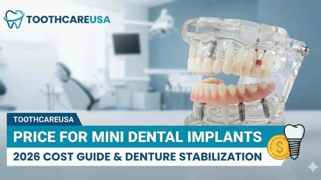 A dental model displaying a transparent jawbone with four mini dental implants placed in the mandible, contrasting with a visual representation of cost savings (coins) to illustrate the affordability of denture stabilization.Price for Mini Dental Implants