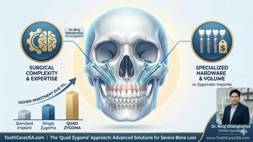 3D rendering of a "Quad Zygoma" configuration with four zygomatic implants placed in a maxilla with zero bone volume, illustrating why the cost of zygomatic dental implants increases with surgical complexity.