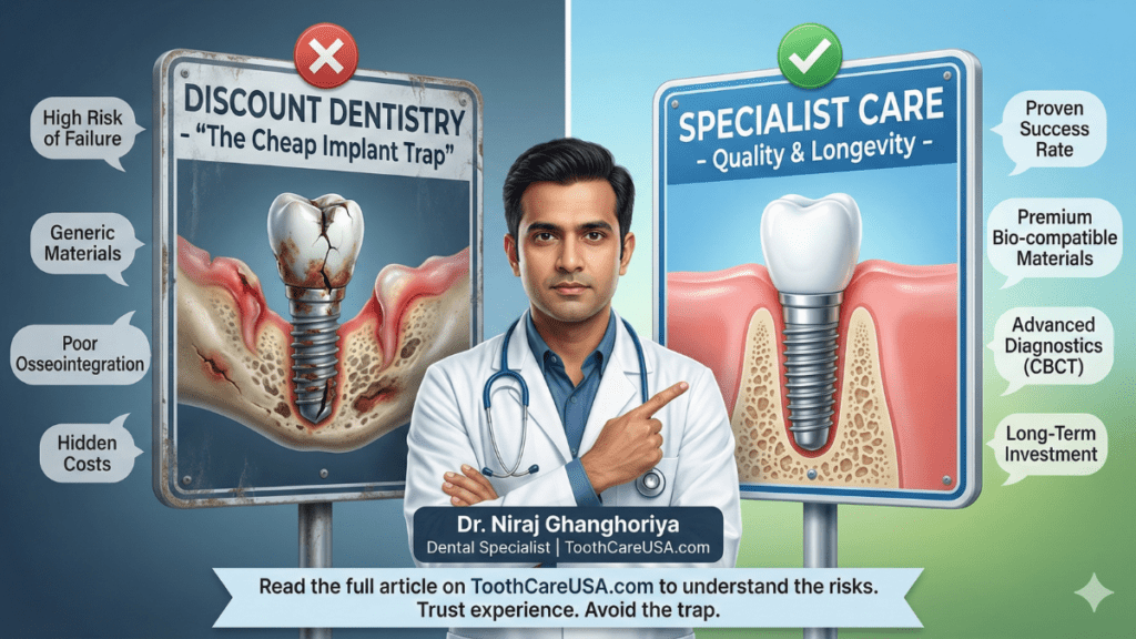 Risks of Discount Dentistry: Failed vs. Healthy Implant Comparison of a healthy specialist-placed implant versus a failed discount implant showing bone loss, infection, and peri-implantitis due to poor materials.