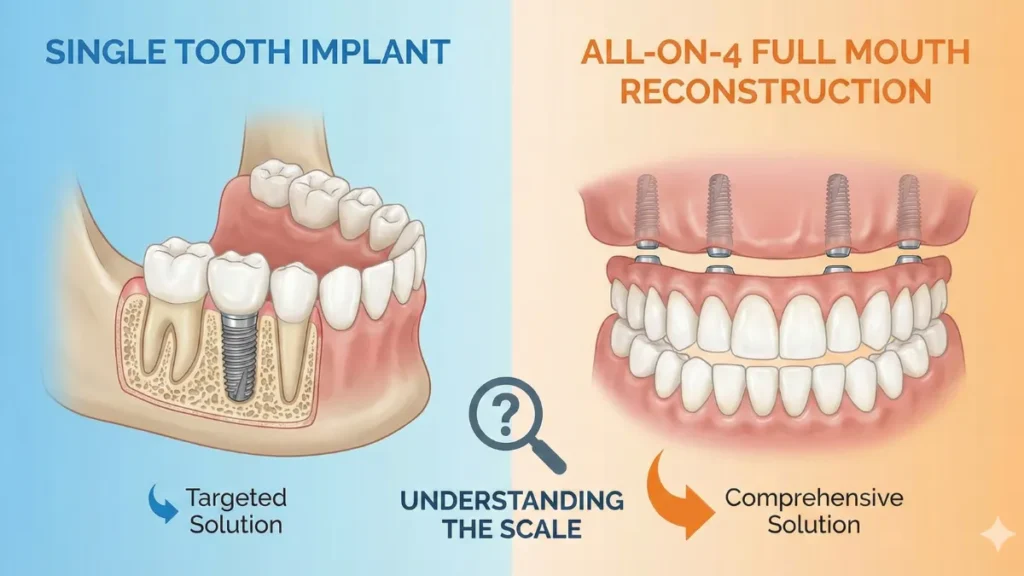 A comparison of a single tooth implant versus a full-arch All-on-4 system, illustrating the economy of scale when calculating dental implant cost for full mouth reconstruction.