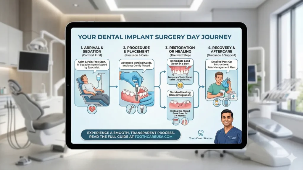 Step-by-step timeline of the dental implant surgery day at ToothCareUSA, from arrival and sedation to implant placement and recovery instructions.